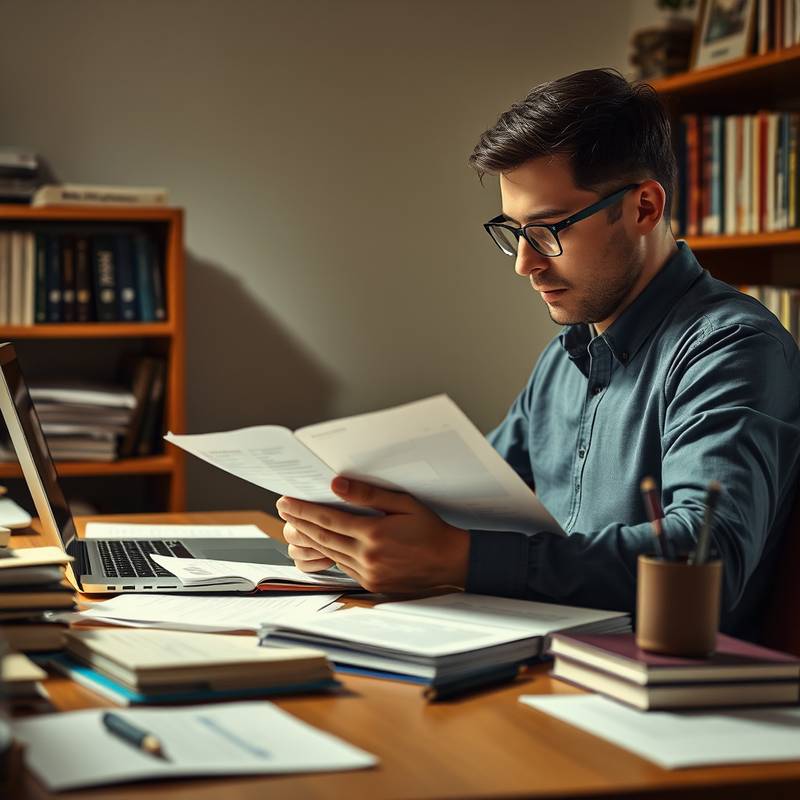 Een persoon die achter een bureau zit en documenten bestudeert, omgeven door boeken en een laptop.